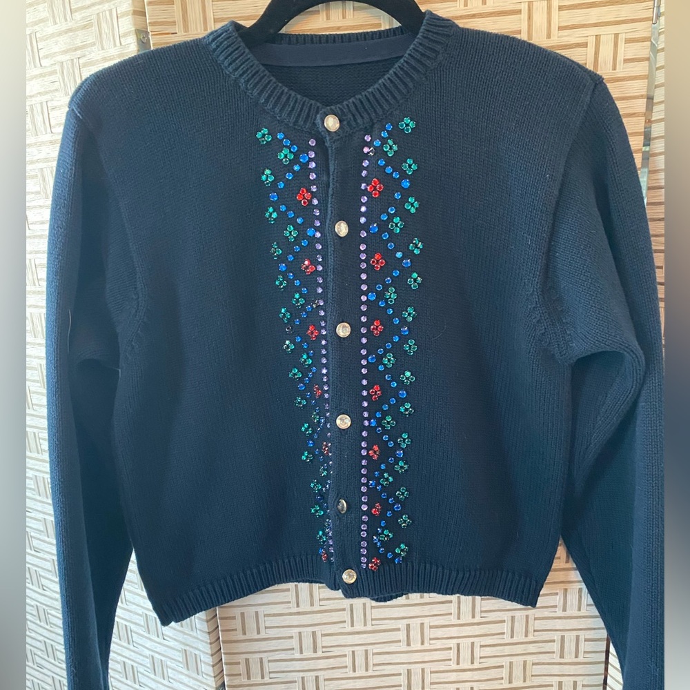 Elegant Navy Cardigan with Embroidered Details